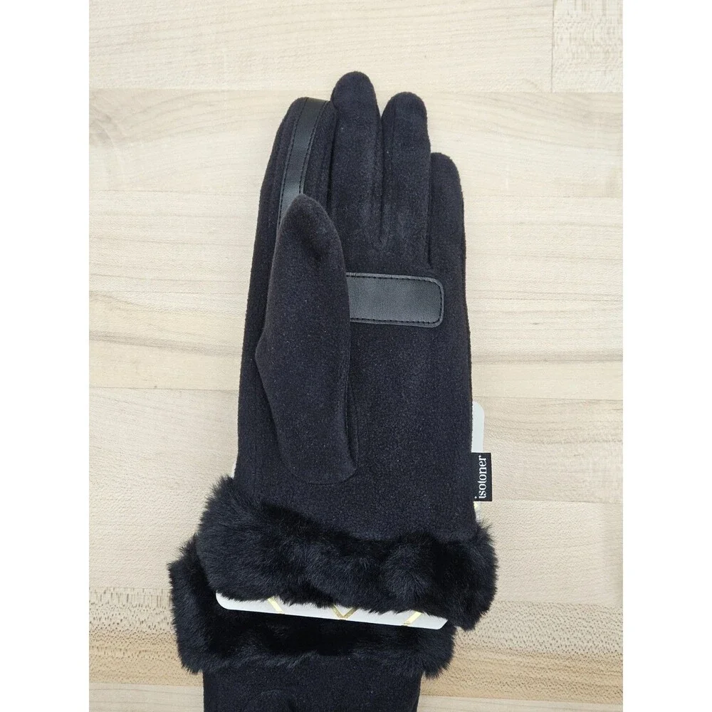 NWT Isotoner Mya Women's smarTouch Gloves Black Microsuede Fur Cuff S/M Texting - Picture 4 of 7